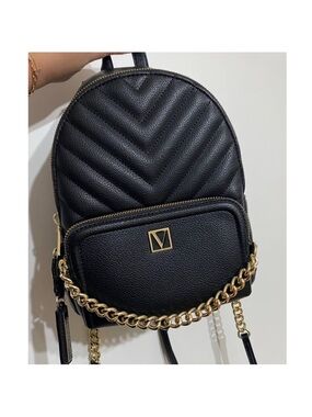 Victoria's Secret Black Quilted Backpack with Gold Chain
